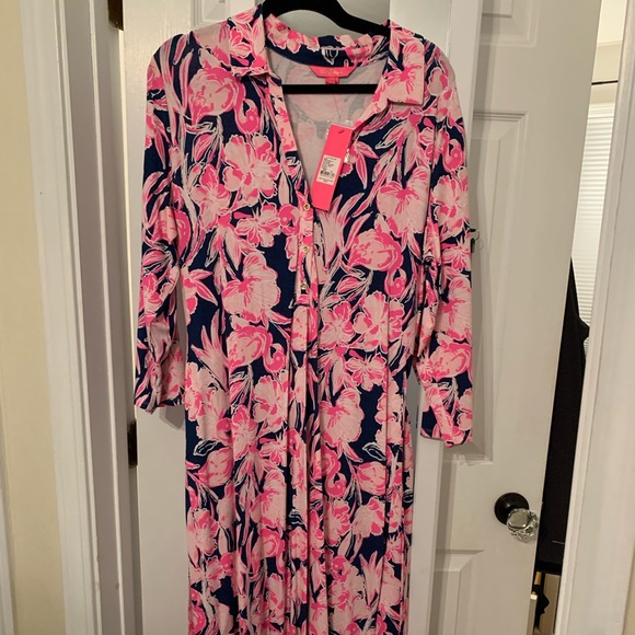 lilly pulitzer holloway maxi dress Lilly Pulitzer | Dresses | Lilly Pulitzer Holloway Long Sleeve Collared Maxi Dress Inky Navy Flamingle